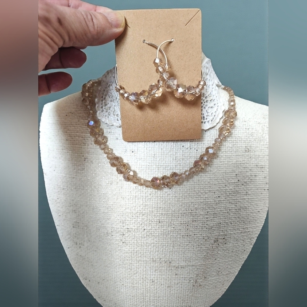 Elegant Champagne Crystal Beaded Necklace and Earring Set